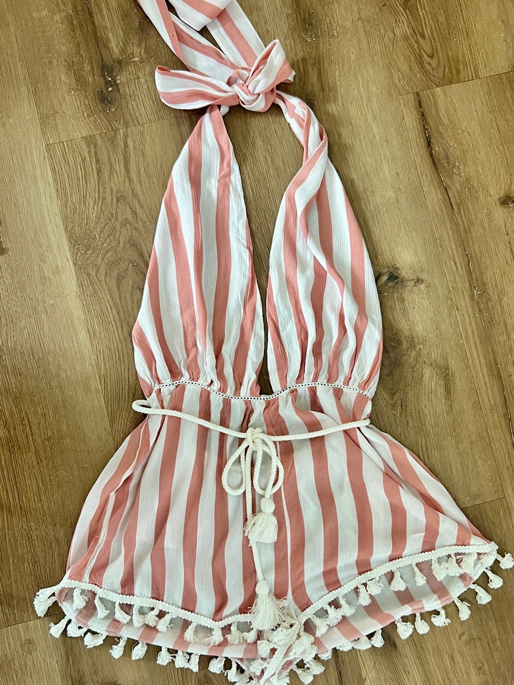 Striped Pink and White Halter Swim Coverup Romper